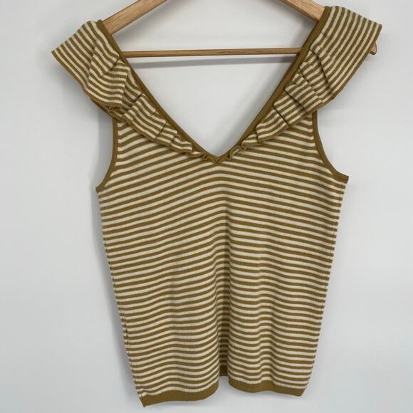 MADEWELL Women's Wool Blend Belhaven Ruffle Sweater Tank Camel Stripe Small - Picture 1 of 6